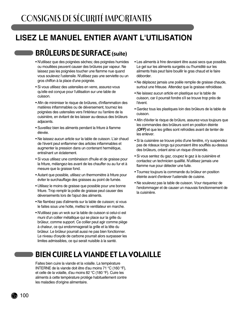 Consignes de sécurité importantes, Lisez le manuel entier avant l'utilisation, Brûleurs de surface | Bien cuire la viande et la volaille, Suite) | LG LRG30855ST User Manual | Page 100 / 142