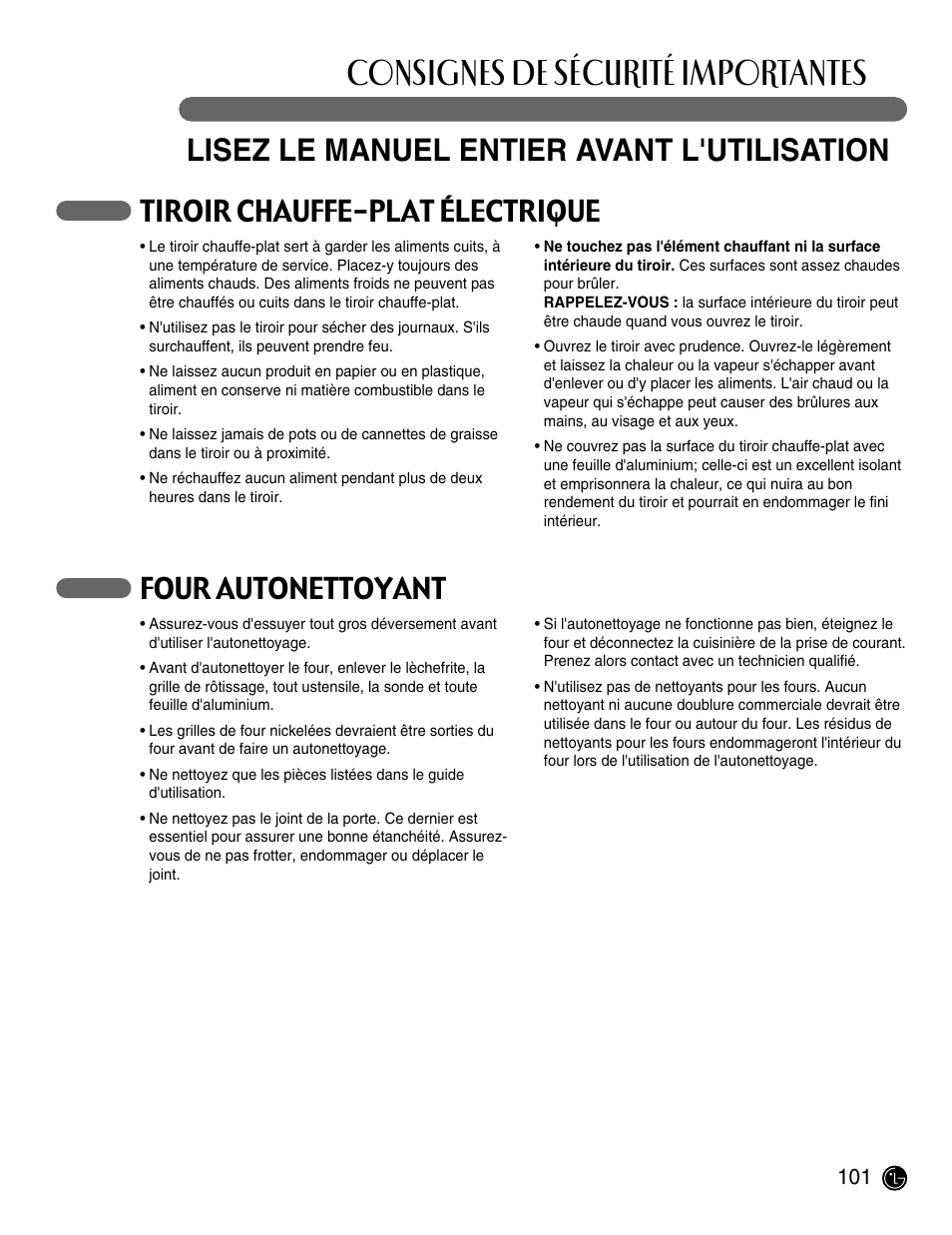 Consignes de sécurité importantes, Lisez le manuel entier avant l'utilisation, Tiroir chauffe-plat électrique | Four autonettoyant | LG LRG30855ST User Manual | Page 101 / 142