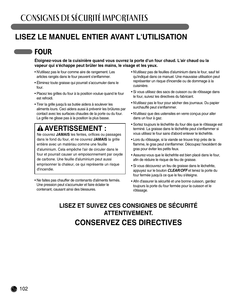 Consignes de sécurité importantes, Lisez le manuel entier avant l'utilisation, Conservez ces directives | Four, Avertissement | LG LRG30855ST User Manual | Page 102 / 142
