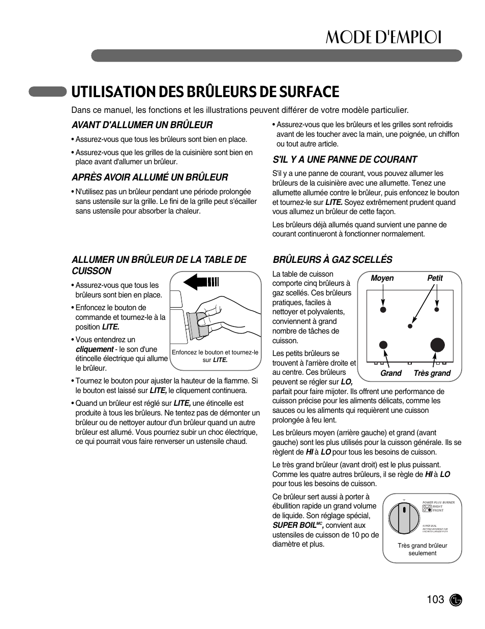 Mode d'emploi, Utilisation des brûleurs de surface | LG LRG30855ST User Manual | Page 103 / 142