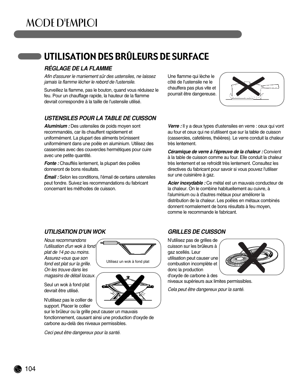 Mode d'emploi, Utilisation des brûleurs de surface | LG LRG30855ST User Manual | Page 104 / 142