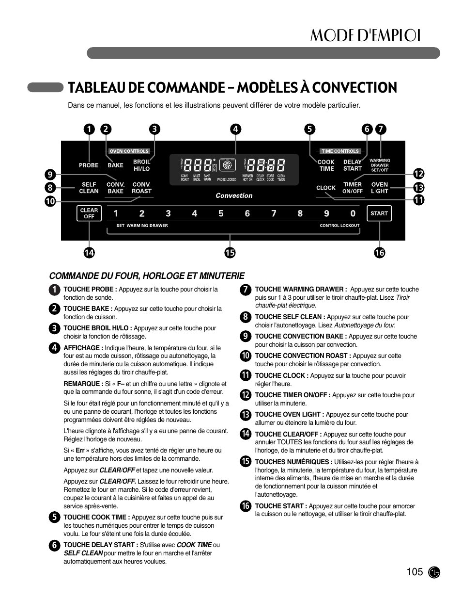 Mode d'emploi, Tableau de commande – modèles à convection | LG LRG30855ST User Manual | Page 105 / 142