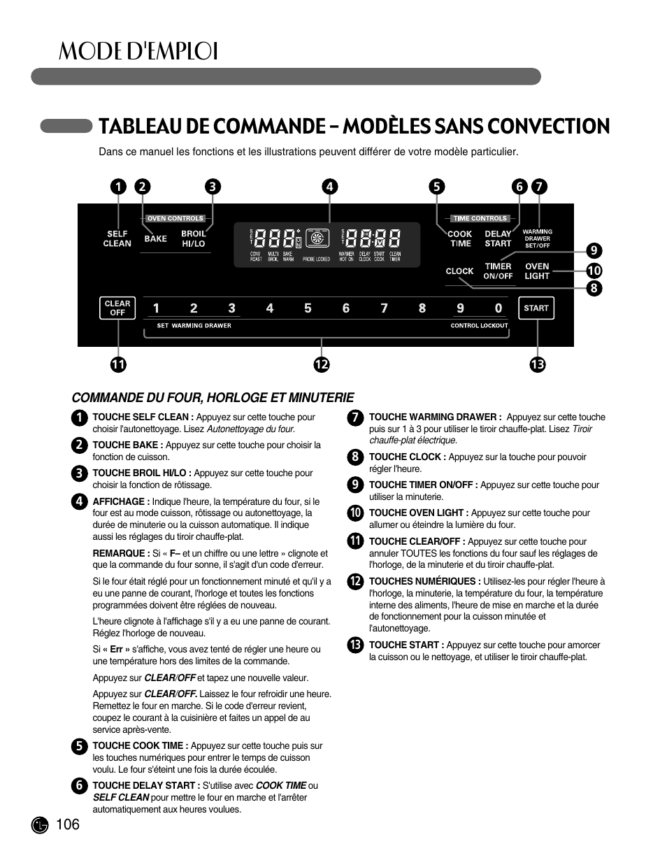 Mode d'emploi, Tableau de commande – modèles sans convection | LG LRG30855ST User Manual | Page 106 / 142