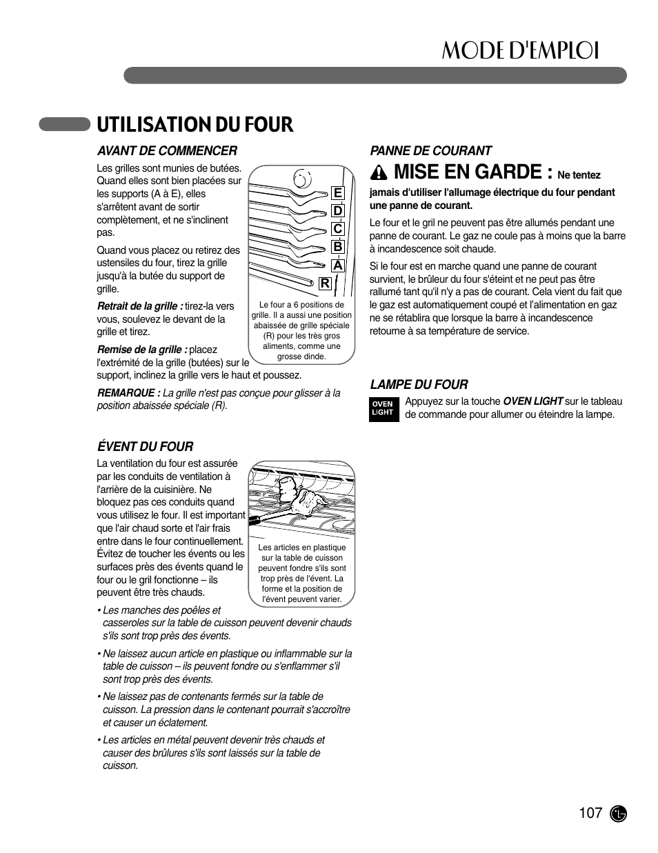 Mode d'emploi, Utilisation du four, Mise en garde | LG LRG30855ST User Manual | Page 107 / 142