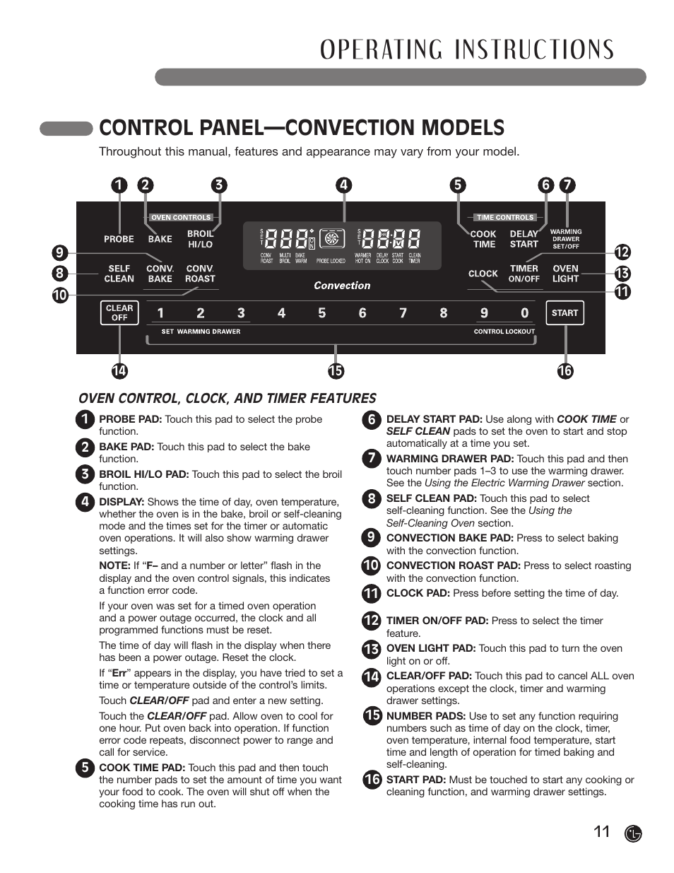 Control panel—convection models | LG LRG30855ST User Manual | Page 11 / 142