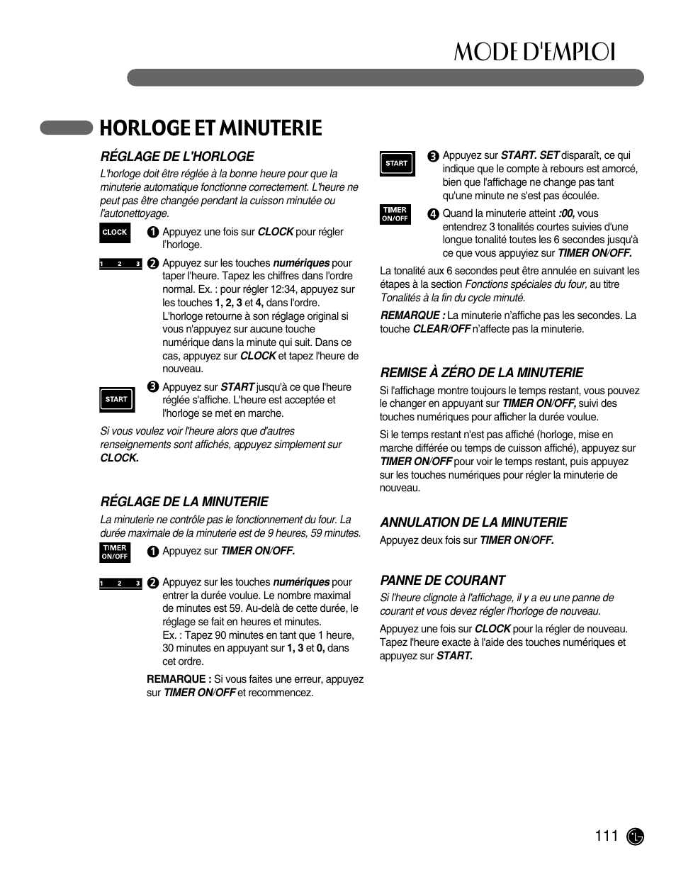 Mode d'emploi, Horloge et minuterie | LG LRG30855ST User Manual | Page 111 / 142