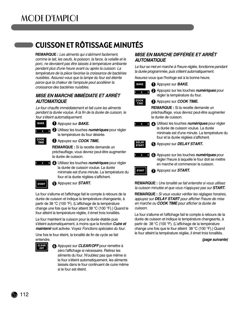 Mode d'emploi, Cuisson et rôtissage minutés | LG LRG30855ST User Manual | Page 112 / 142