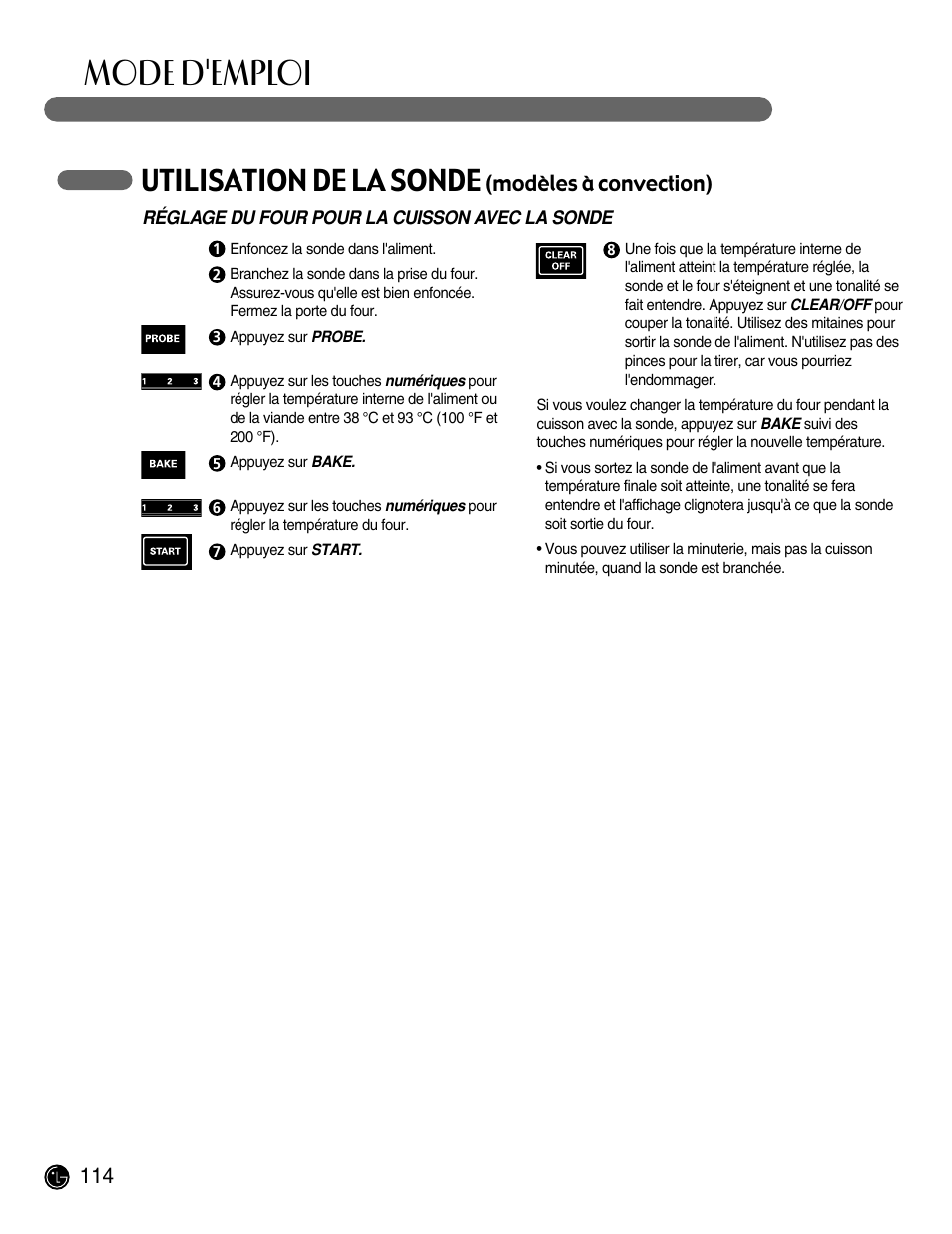 Mode d'emploi, Utilisation de la sonde, Modèles à convection) | LG LRG30855ST User Manual | Page 114 / 142