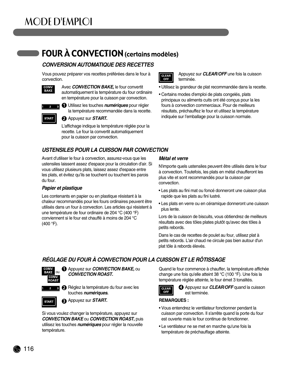 Mode d'emploi, Four à convection, Certains modèles) | LG LRG30855ST User Manual | Page 116 / 142