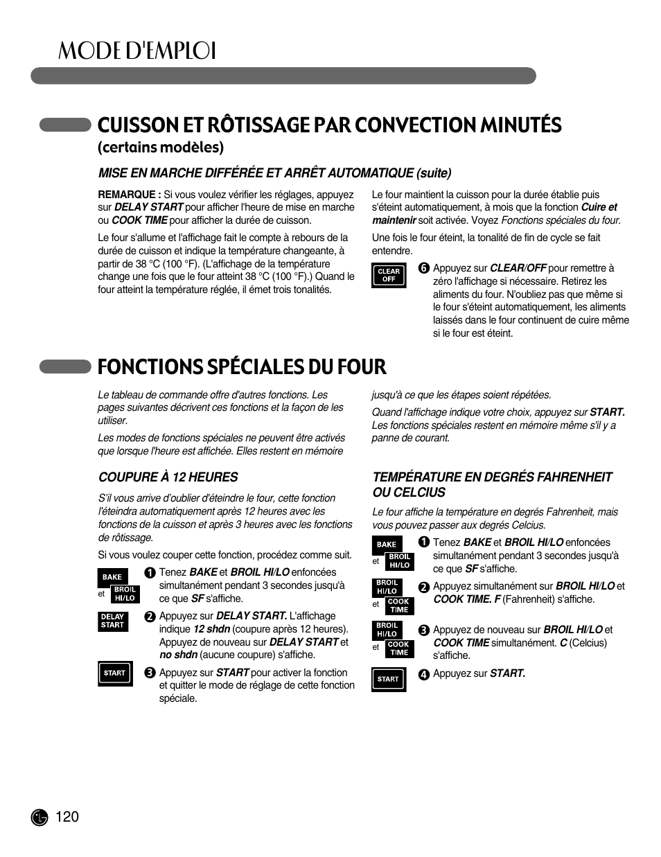 Mode d'emploi, Cuisson et rôtissage par convection minutés, Fonctions spéciales du four | Certains modèles) | LG LRG30855ST User Manual | Page 120 / 142