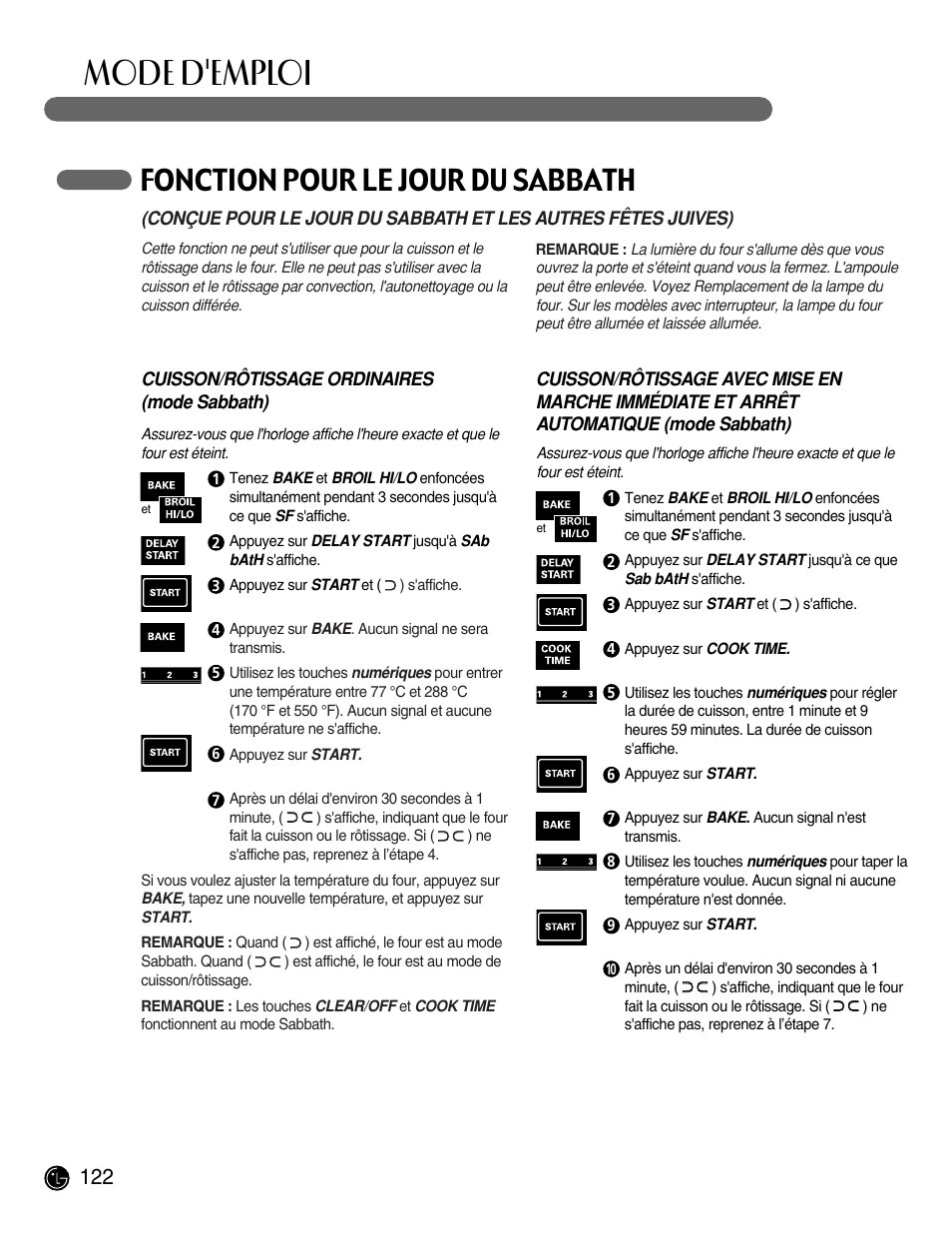 Mode d'emploi, Fonction pour le jour du sabbath | LG LRG30855ST User Manual | Page 122 / 142