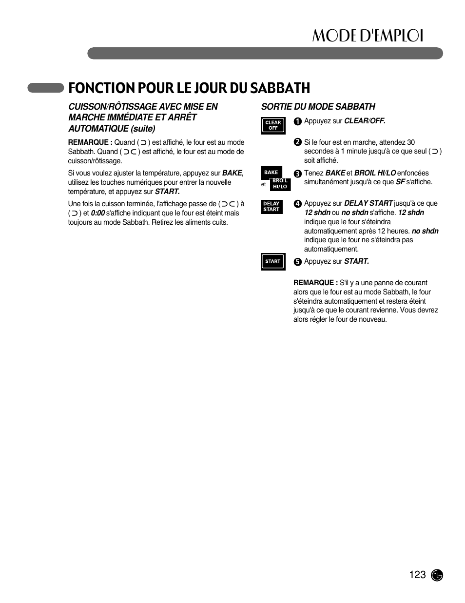 Mode d'emploi, Fonction pour le jour du sabbath | LG LRG30855ST User Manual | Page 123 / 142