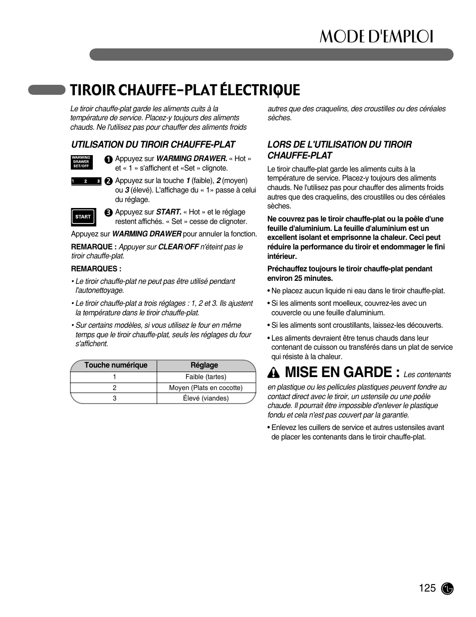 Mode d'emploi, Tiroir chauffe-plat électrique, Mise en garde | LG LRG30855ST User Manual | Page 125 / 142