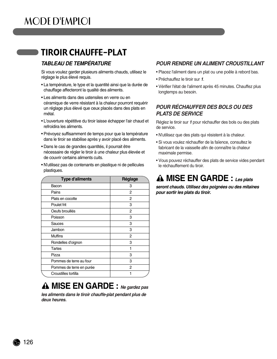 Mode d'emploi, Tiroir chauffe-plat, Mise en garde | LG LRG30855ST User Manual | Page 126 / 142