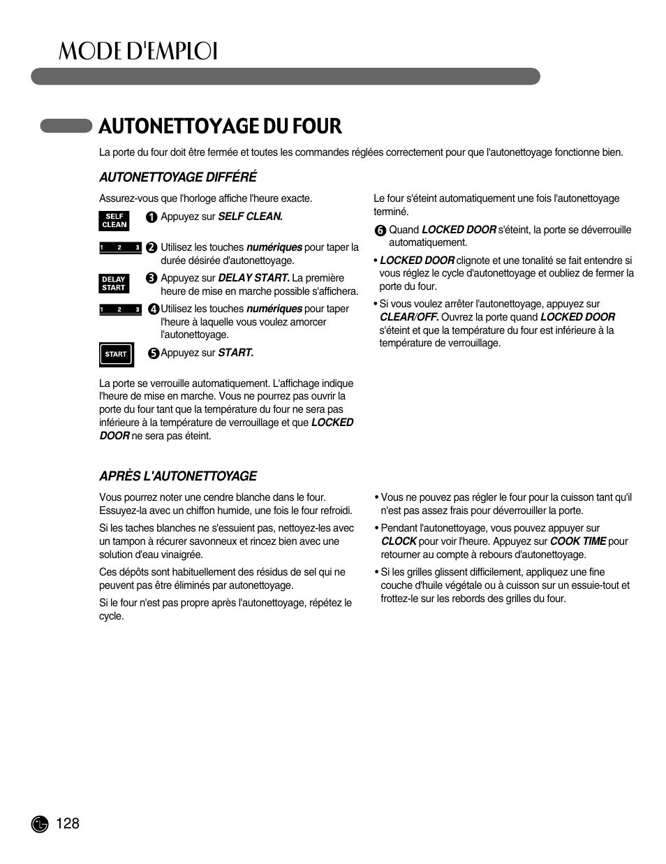 Mode d'emploi, Autonettoyage du four | LG LRG30855ST User Manual | Page 128 / 142