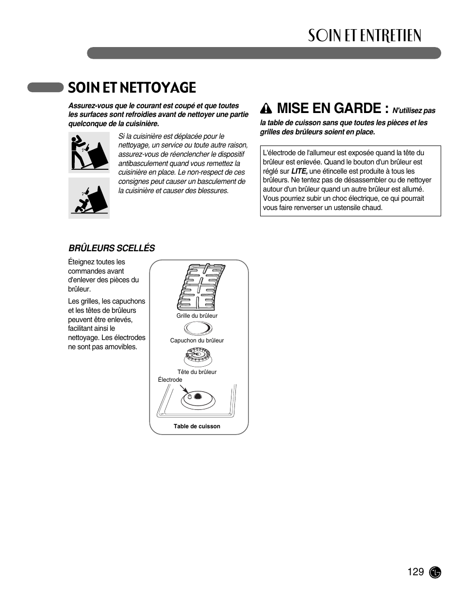 Soin et entretien, Soin et nettoyage, Mise en garde | LG LRG30855ST User Manual | Page 129 / 142