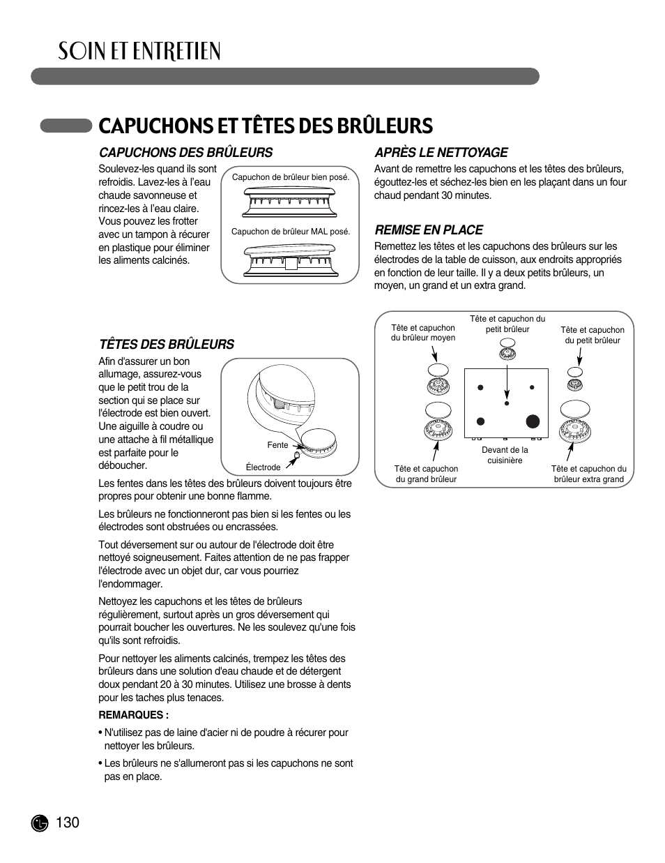 Soin et entretien, Capuchons et têtes des brûleurs | LG LRG30855ST User Manual | Page 130 / 142