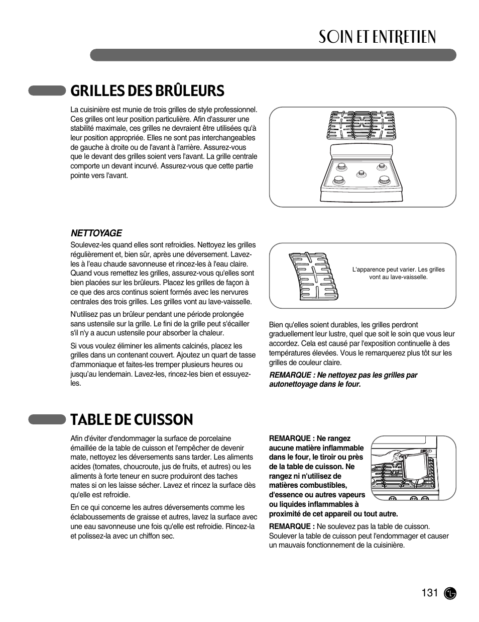 Soin et entretien, Grilles des brûleurs, Table de cuisson | LG LRG30855ST User Manual | Page 131 / 142