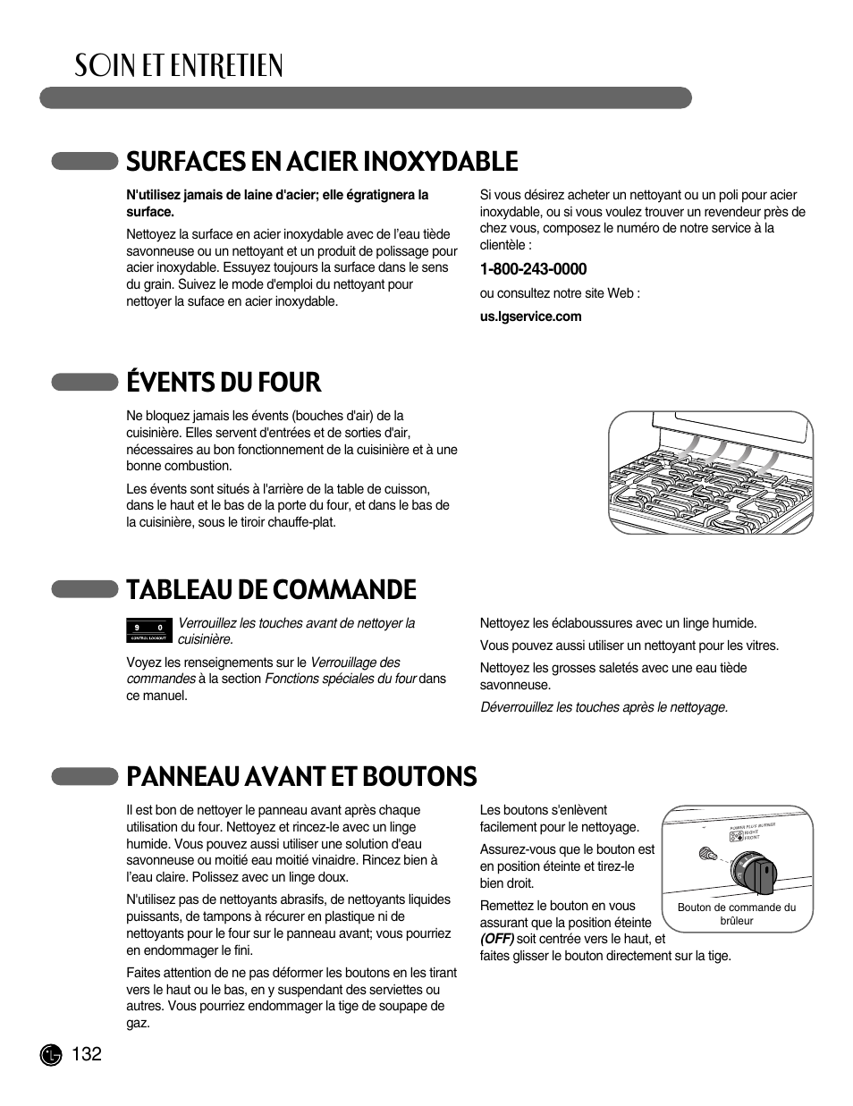 Soin et entretien, Surfaces en acier inoxydable, Évents du four | Tableau de commande, Panneau avant et boutons | LG LRG30855ST User Manual | Page 132 / 142