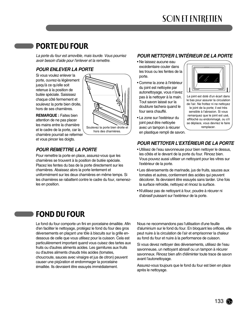 Soin et entretien, Porte du four, Fond du four | LG LRG30855ST User Manual | Page 133 / 142