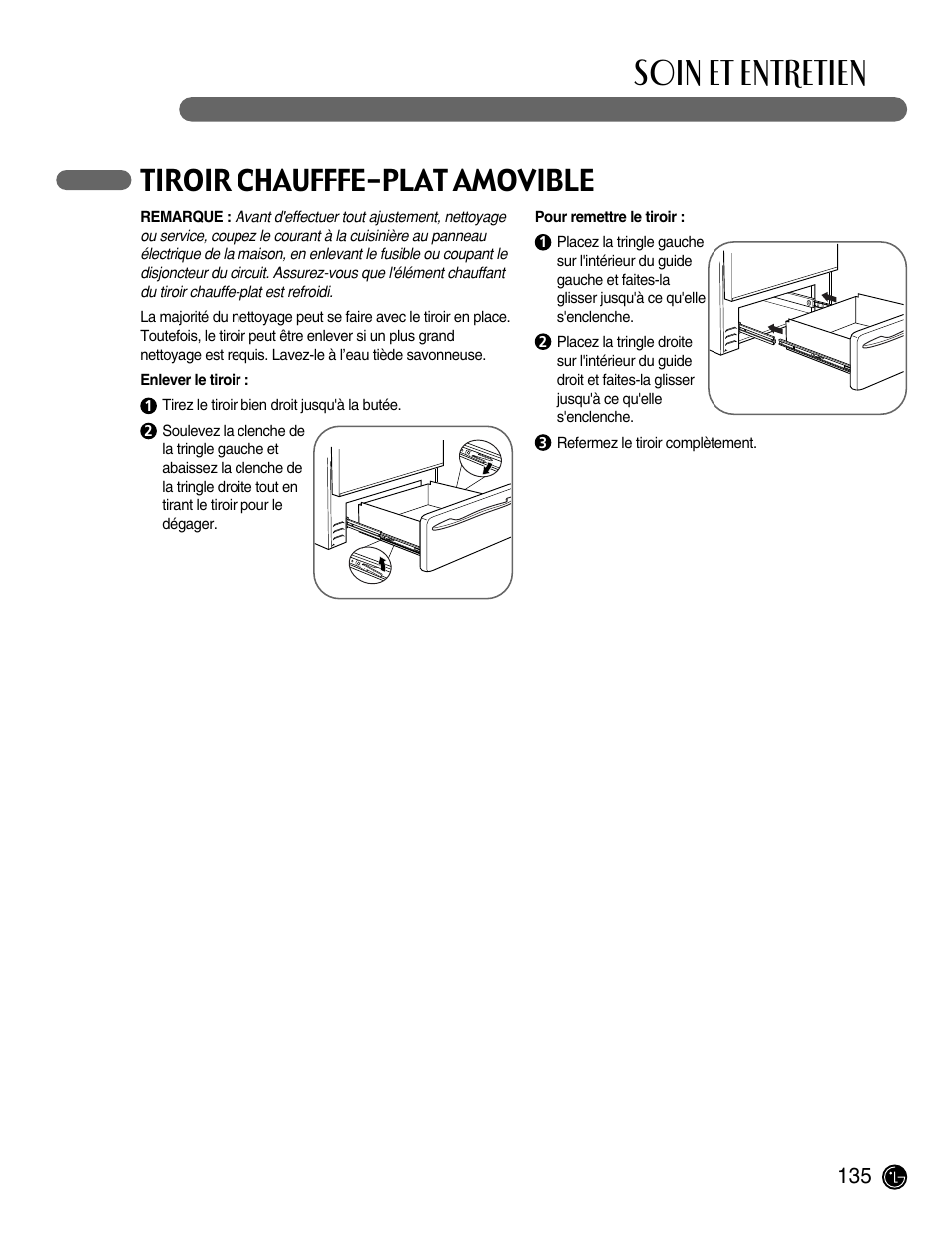 Soin et entretien, Tiroir chaufffe-plat amovible | LG LRG30855ST User Manual | Page 135 / 142