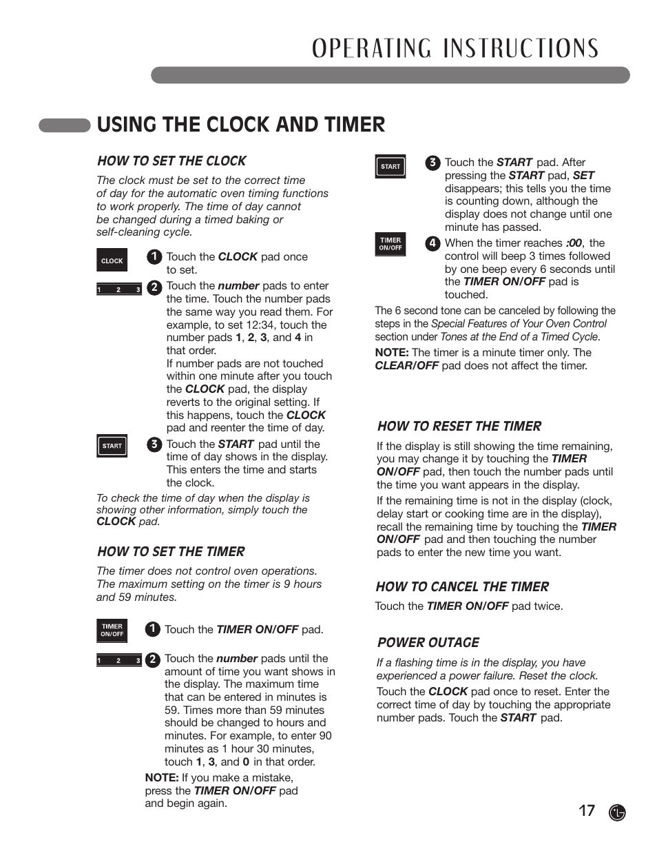 Using the clock and timer | LG LRG30855ST User Manual | Page 17 / 142