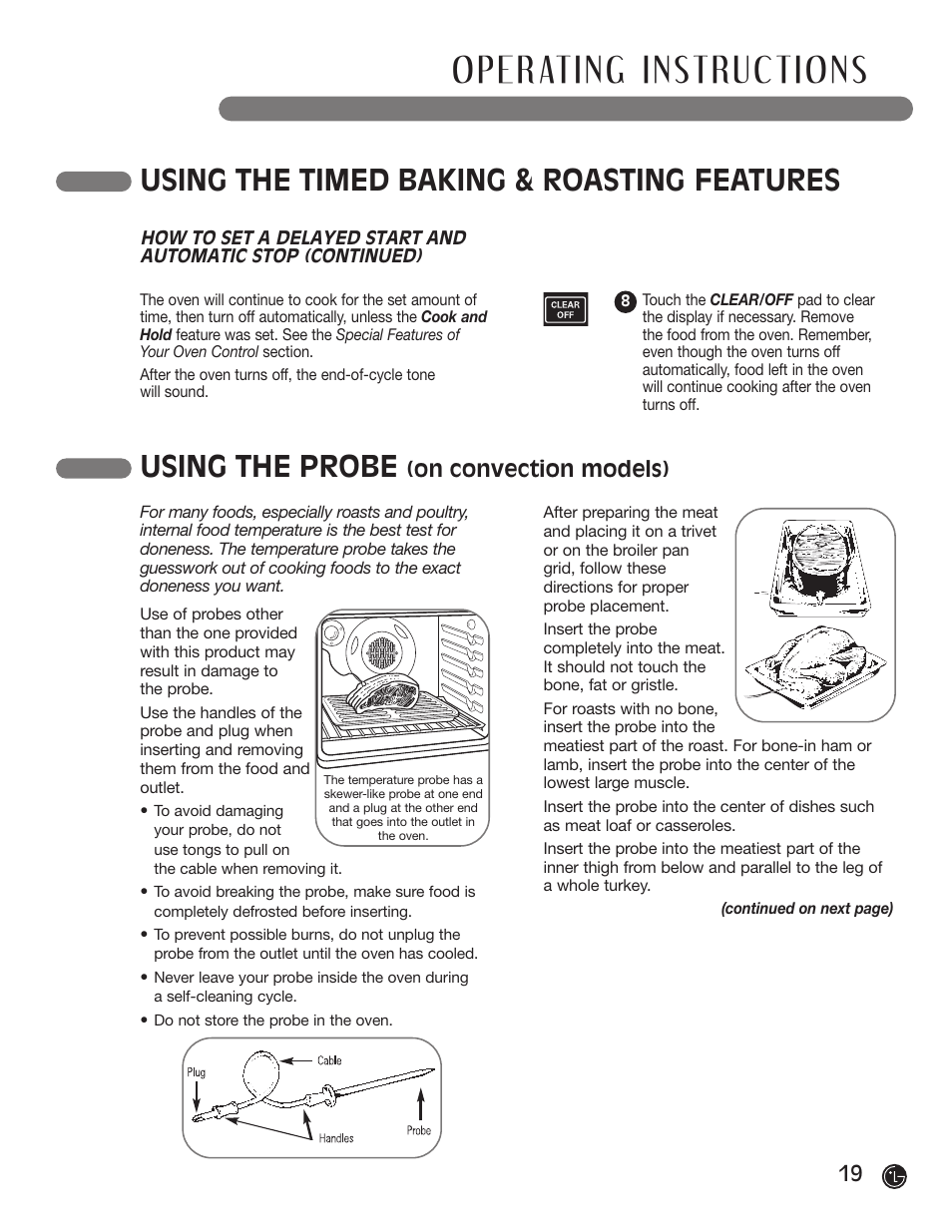 Using the timed baking & roasting features, Using the probe, On convection models) | LG LRG30855ST User Manual | Page 19 / 142