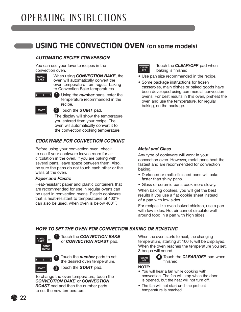 Using the convection oven, On some models) | LG LRG30855ST User Manual | Page 22 / 142