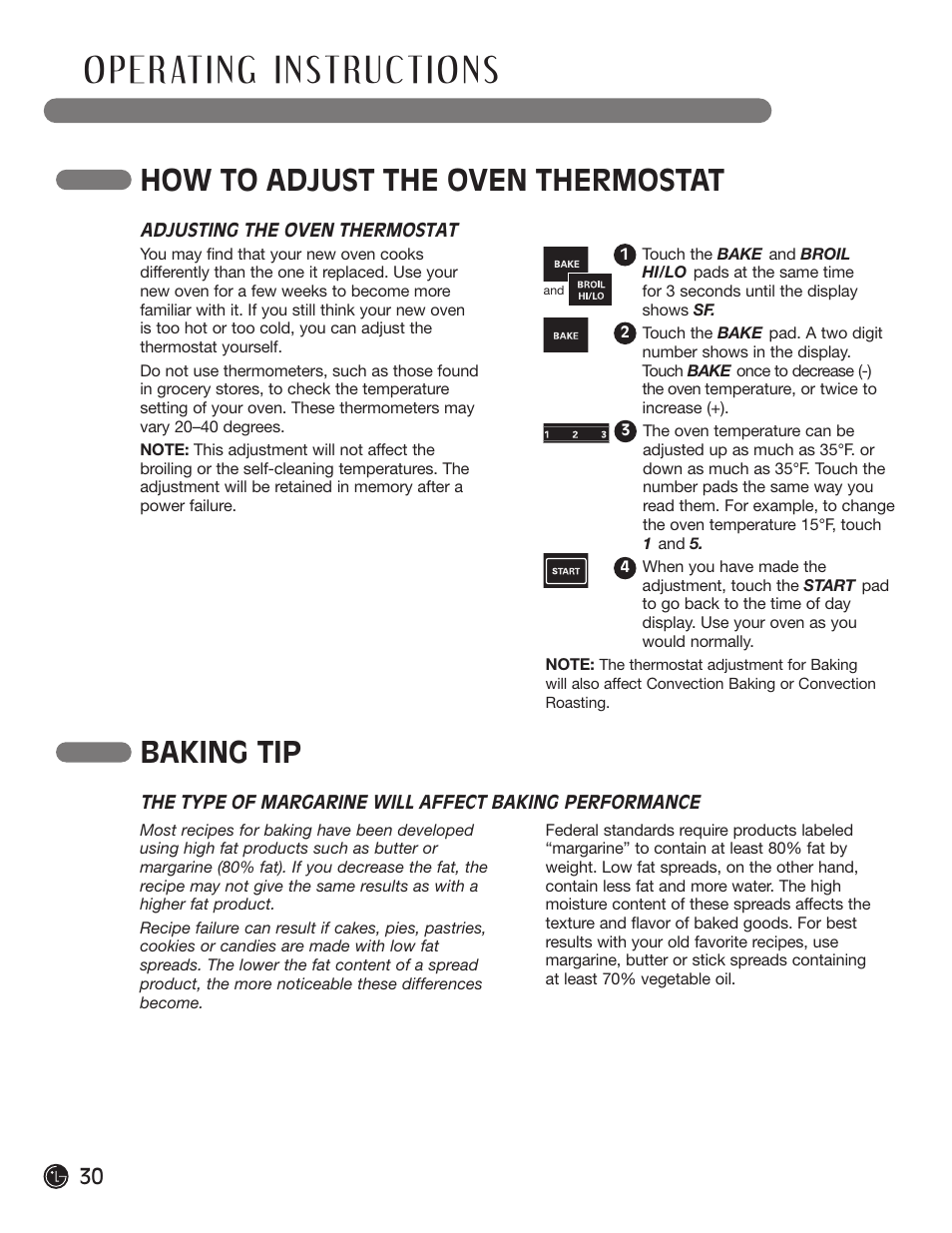 How to adjust the oven thermostat, Baking tip | LG LRG30855ST User Manual | Page 30 / 142