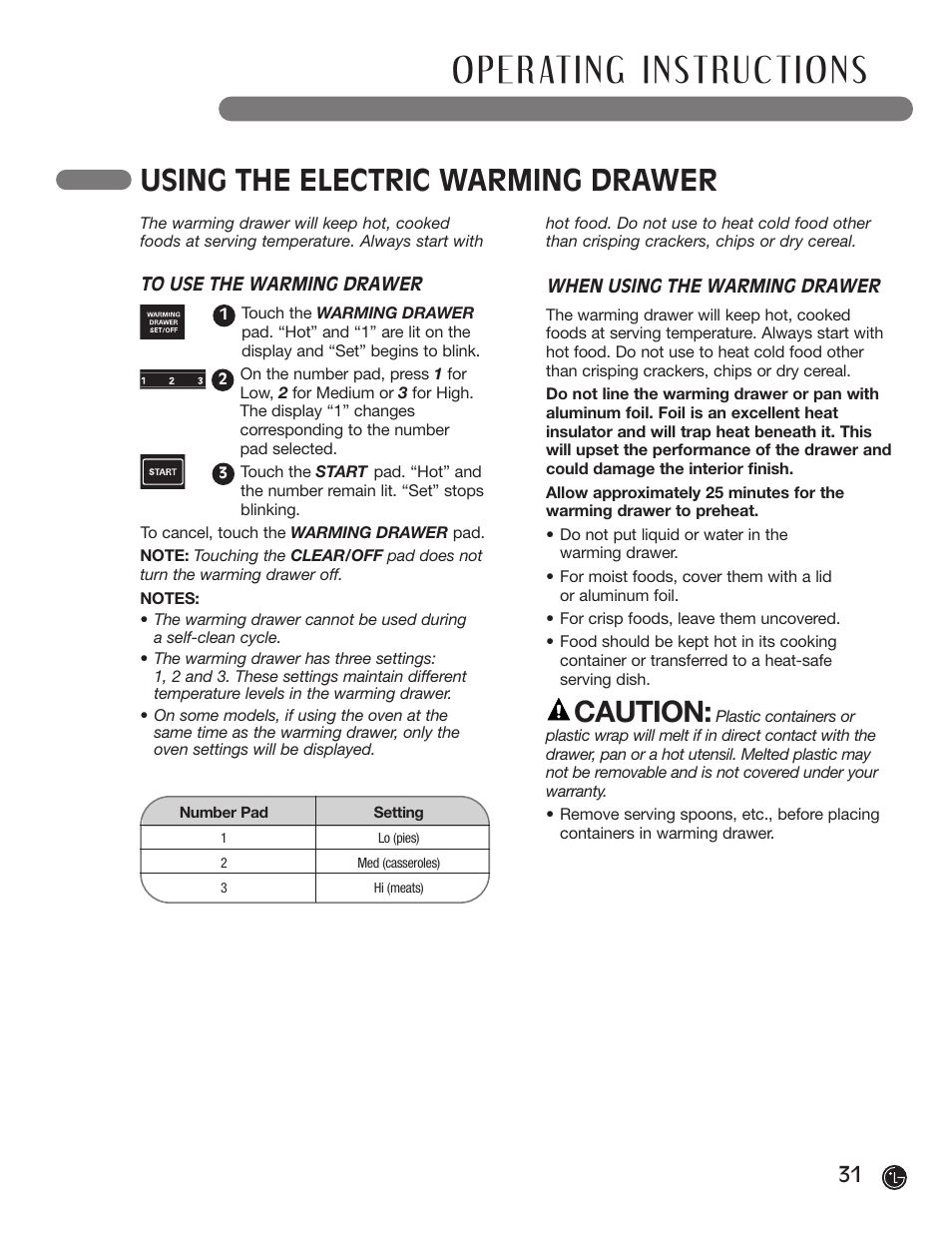 Using the electric warming drawer, Caution | LG LRG30855ST User Manual | Page 31 / 142