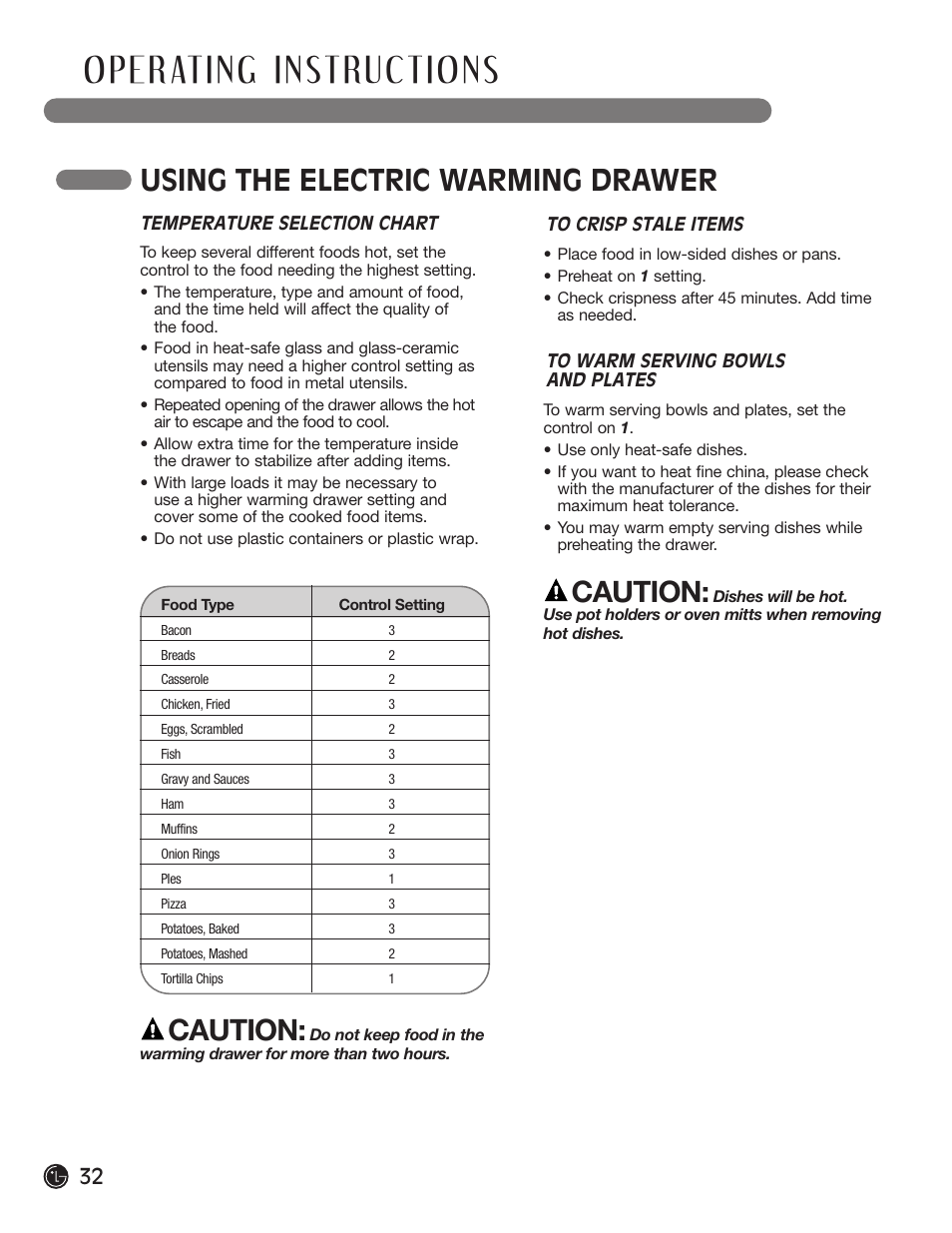 Using the electric warming drawer, Caution | LG LRG30855ST User Manual | Page 32 / 142