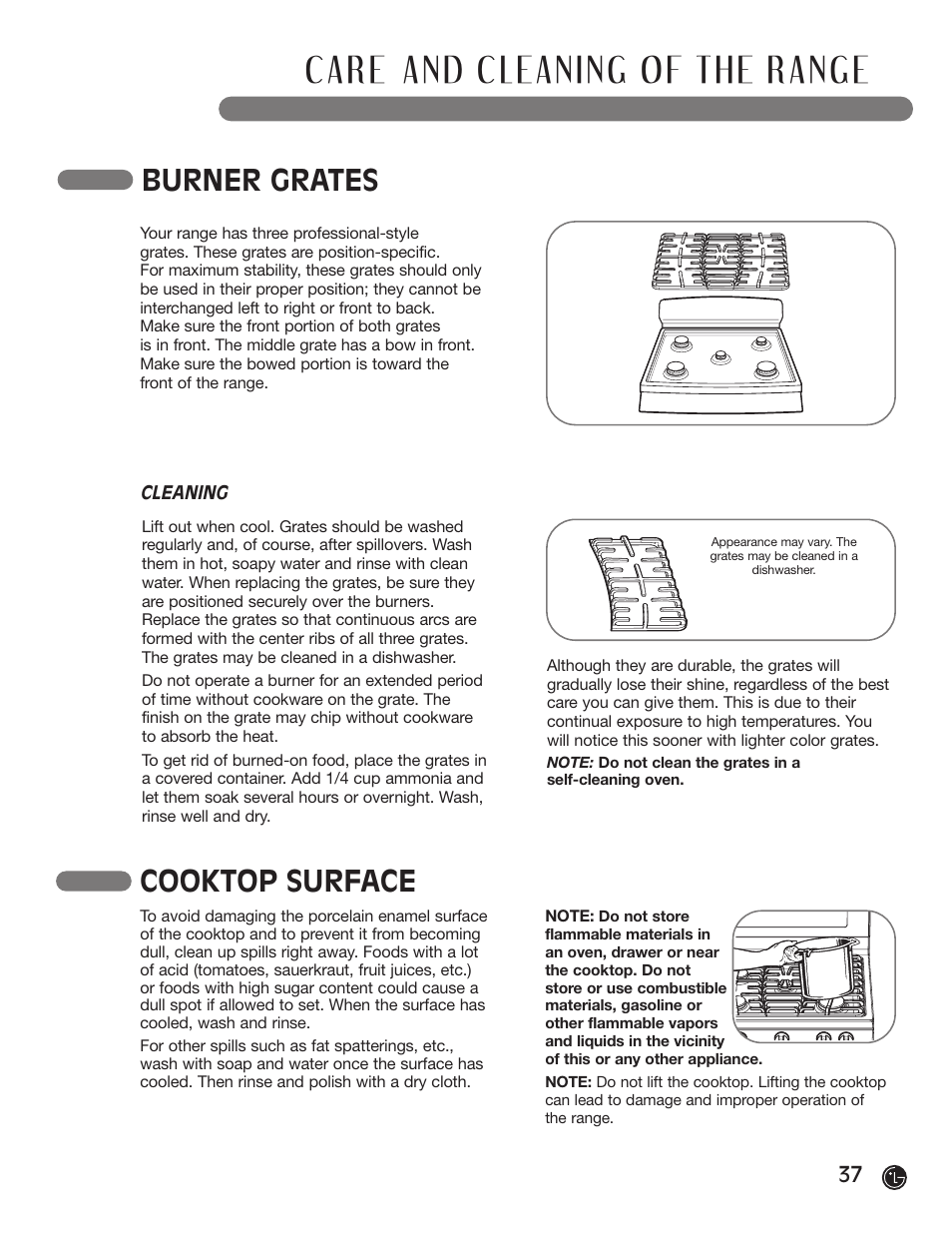 Burner grates, Cooktop surface | LG LRG30855ST User Manual | Page 37 / 142