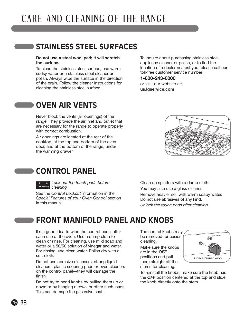 Stainless steel surfaces, Oven air vents, Control panel | Front manifold panel and knobs | LG LRG30855ST User Manual | Page 38 / 142