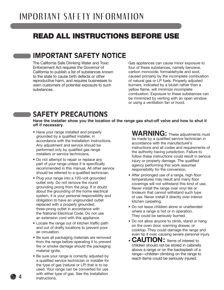 Read all instructions before use, Important safety notice, Warning | Caution, Safety precautions | LG LRG30855ST User Manual | Page 4 / 142