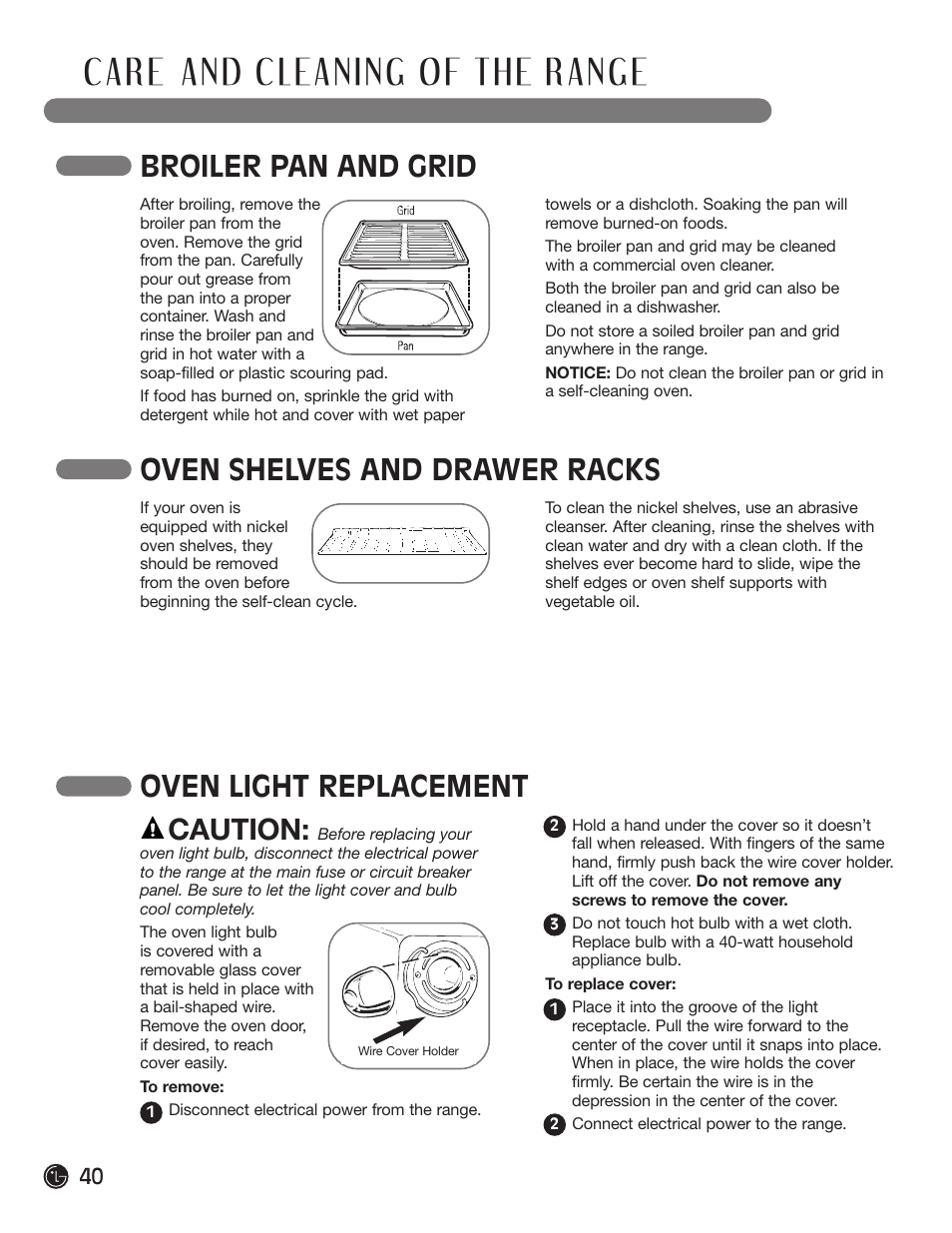 Broiler pan and grid, Oven shelves and drawer racks, Oven light replacement caution | LG LRG30855ST User Manual | Page 40 / 142