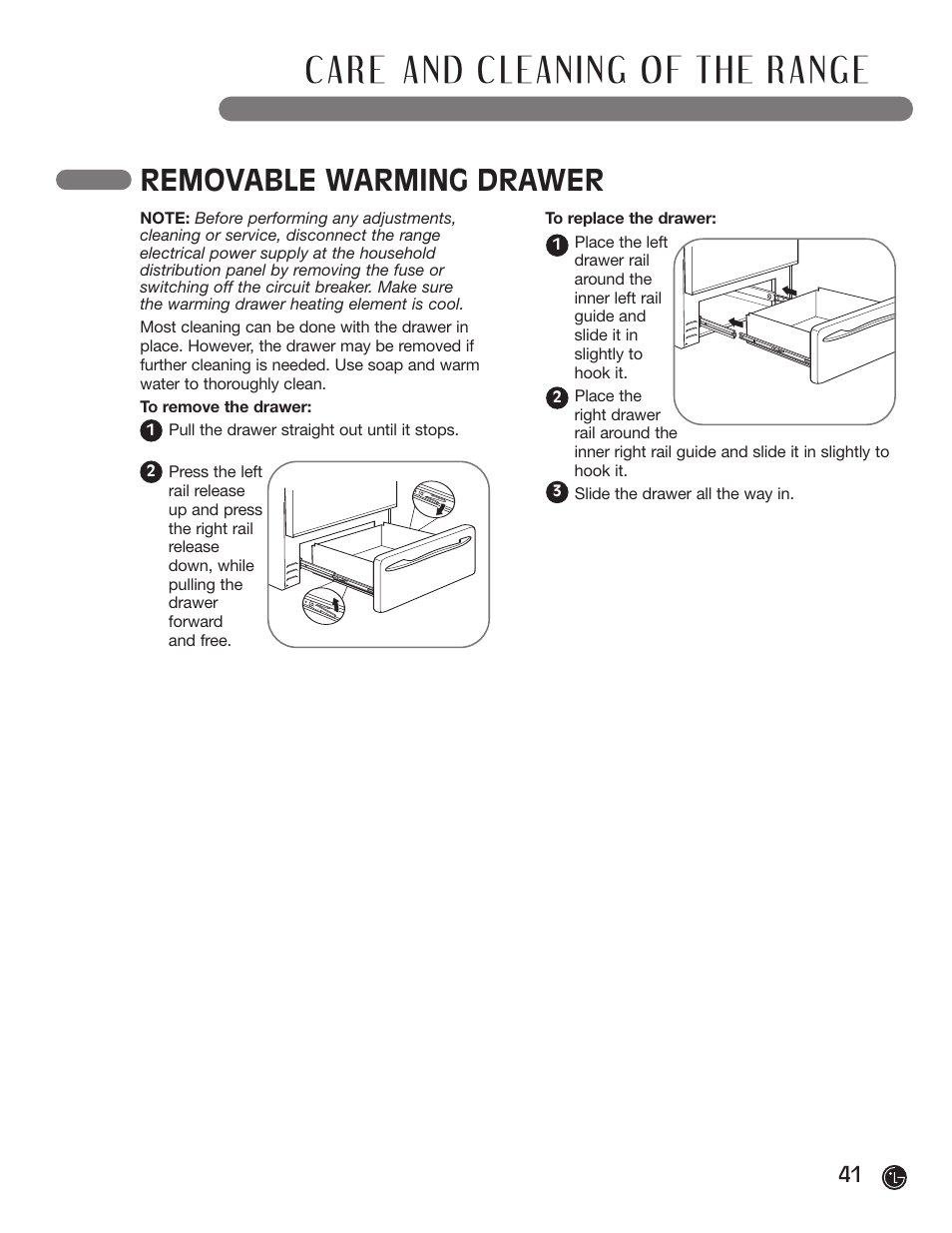 Removable warming drawer | LG LRG30855ST User Manual | Page 41 / 142