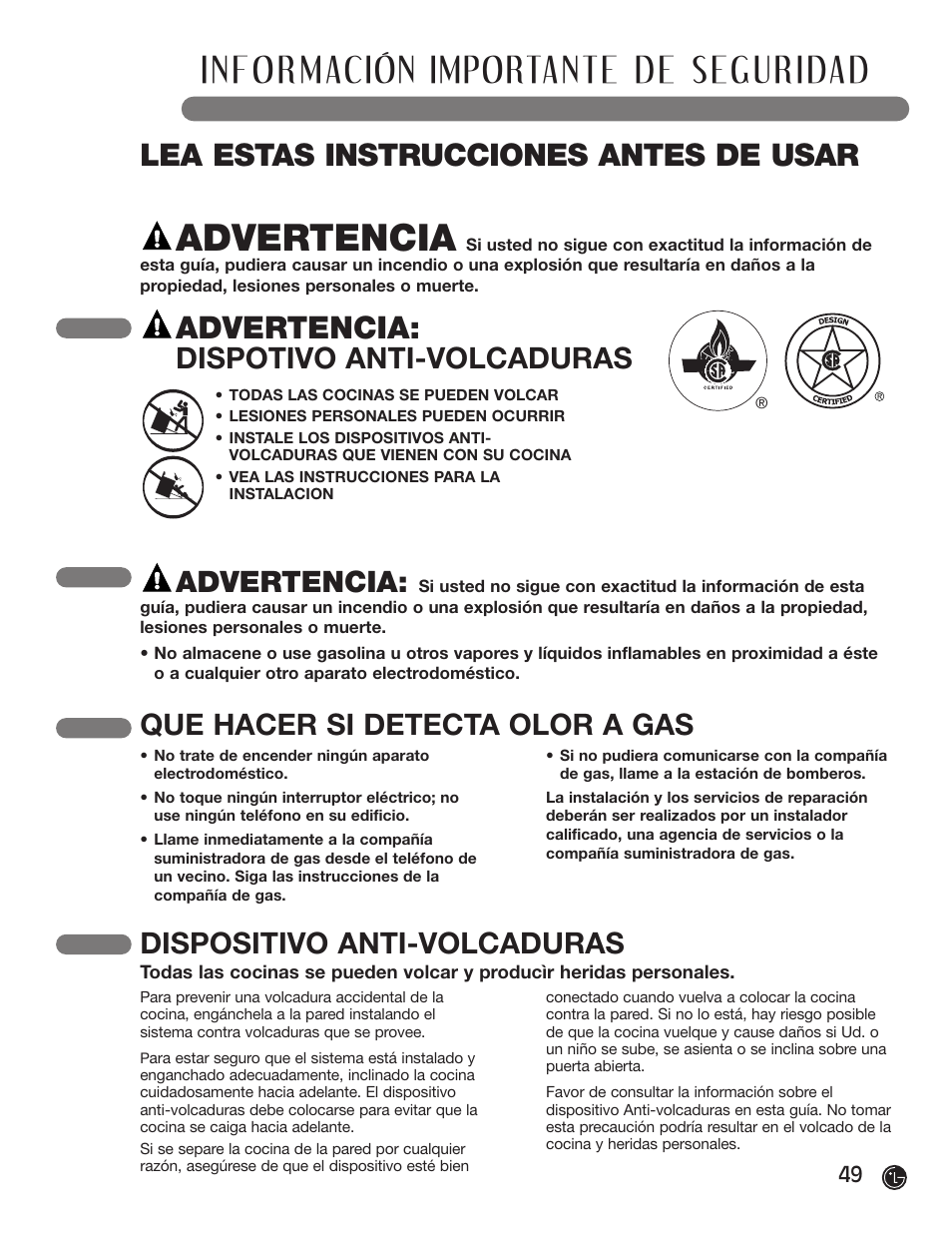 Lea estas instrucciones antes de usar, Advertencia, Dispotivo anti-volcaduras | Dispositivo anti-volcaduras, Que hacer si detecta olor a gas | LG LRG30855ST User Manual | Page 49 / 142