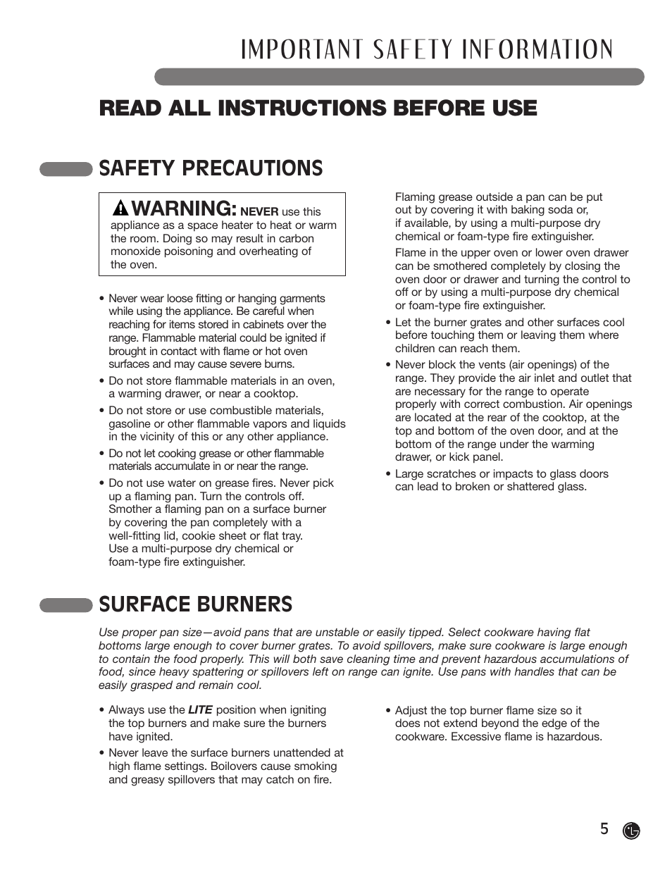 Read all instructions before use, Safety precautions, Warning | Surface burners | LG LRG30855ST User Manual | Page 5 / 142
