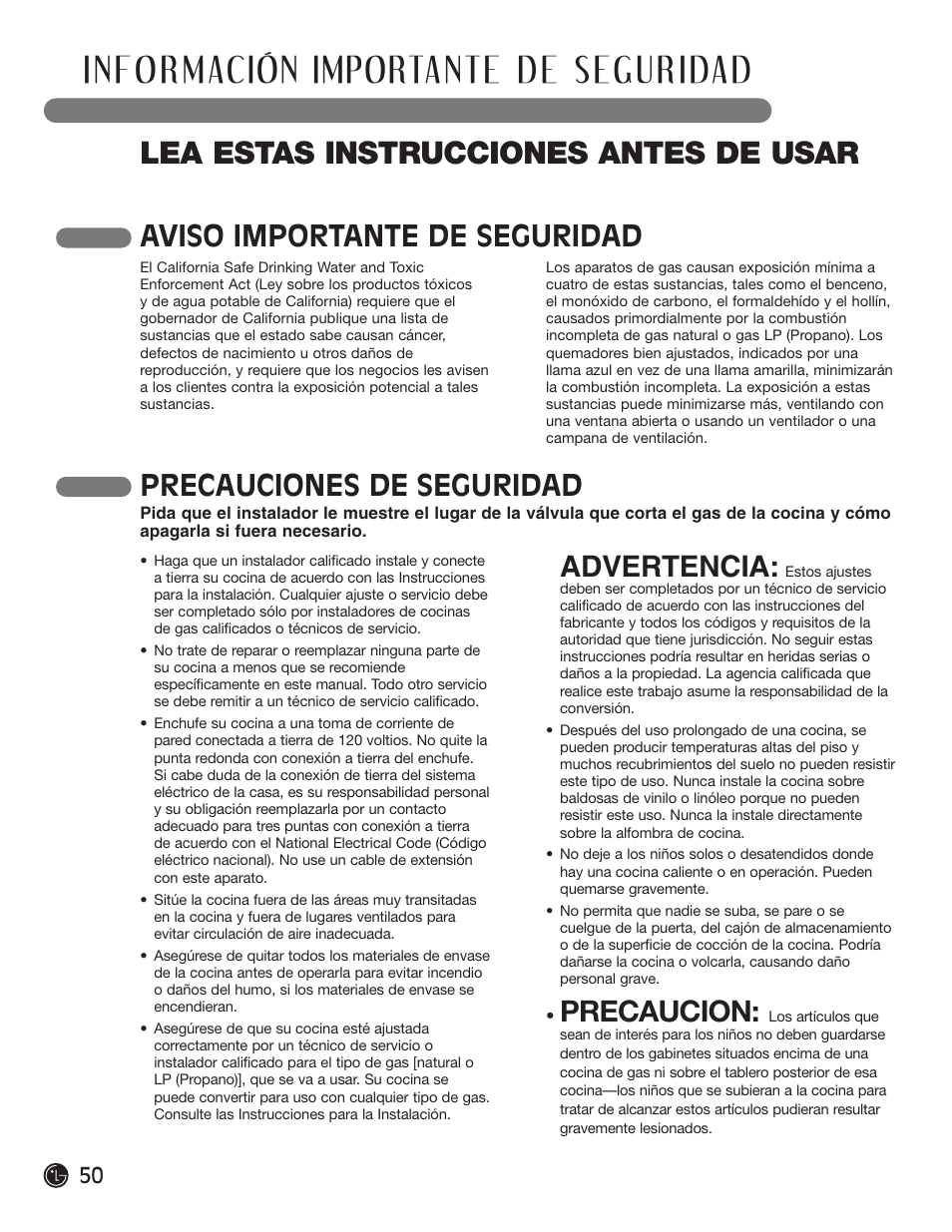 Lea estas instrucciones antes de usar, Aviso importante de seguridad, Advertencia | Precaucion, Precauciones de seguridad | LG LRG30855ST User Manual | Page 50 / 142