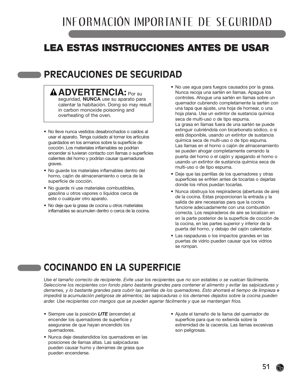 Lea estas instrucciones antes de usar, Precauciones de seguridad, Advertencia | Cocinando en la superficie | LG LRG30855ST User Manual | Page 51 / 142