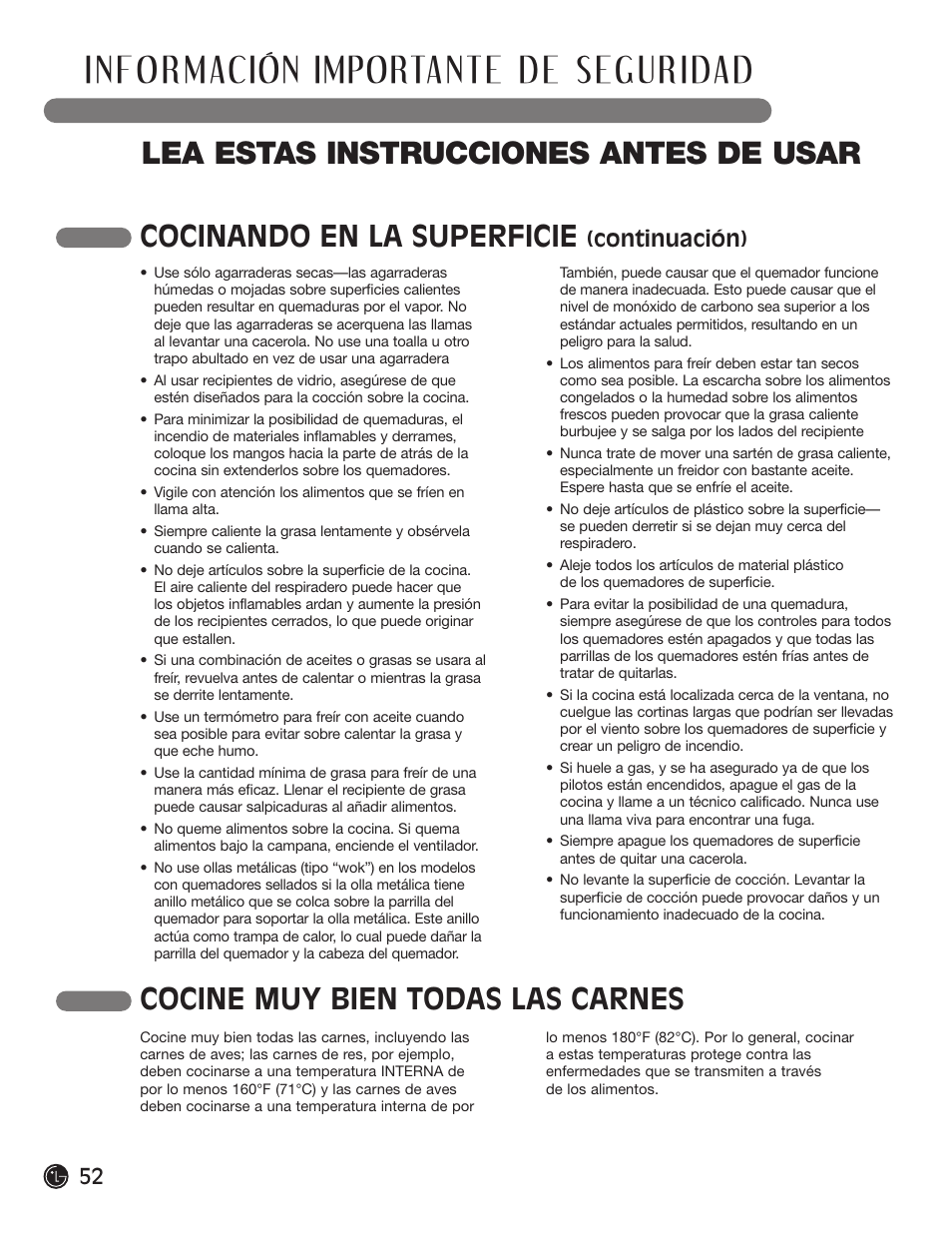 Lea estas instrucciones antes de usar, Cocinando en la superficie, Cocine muy bien todas las carnes | Continuación) | LG LRG30855ST User Manual | Page 52 / 142