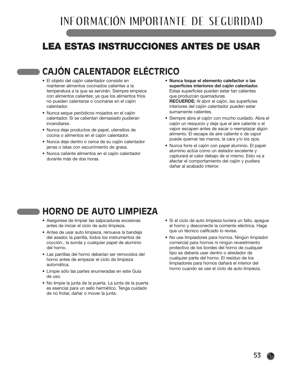 Lea estas instrucciones antes de usar, Cajón calentador eléctrico, Horno de auto limpieza | LG LRG30855ST User Manual | Page 53 / 142