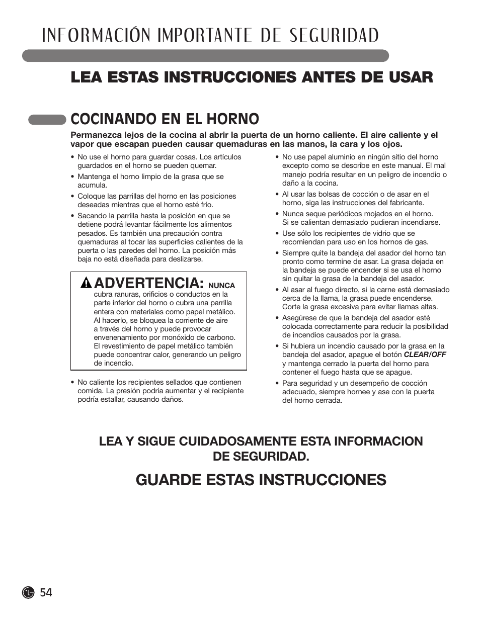 Lea estas instrucciones antes de usar, Guarde estas instrucciones, Cocinando en el horno | Advertencia | LG LRG30855ST User Manual | Page 54 / 142