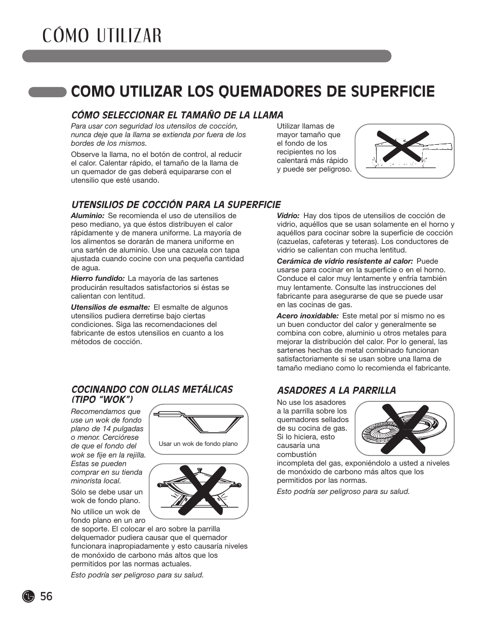 Cómo utilizar, Como utilizar los quemadores de superficie | LG LRG30855ST User Manual | Page 56 / 142