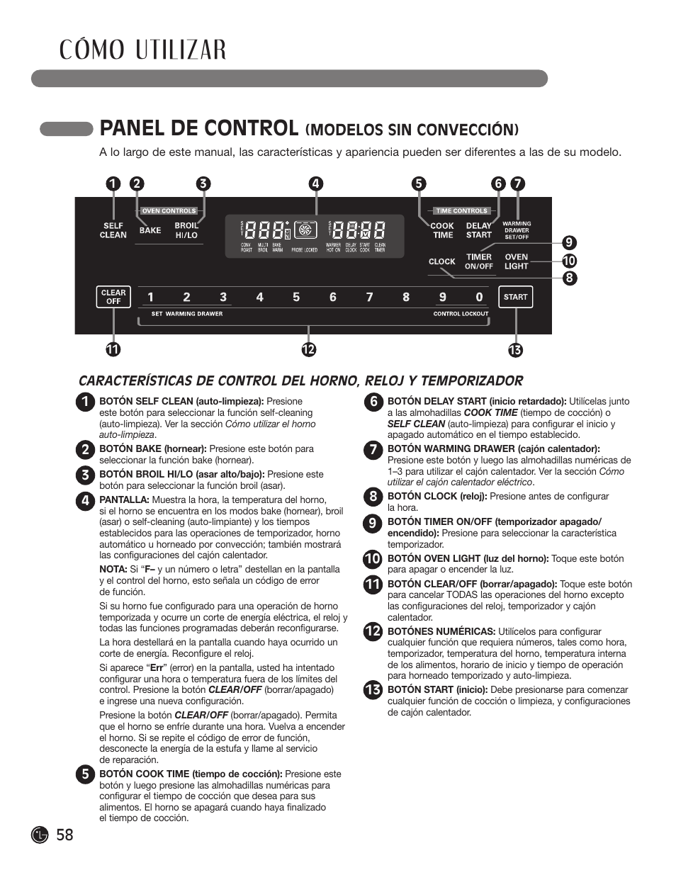 Cómo utilizar, Panel de control, Modelos sin convección) | LG LRG30855ST User Manual | Page 58 / 142