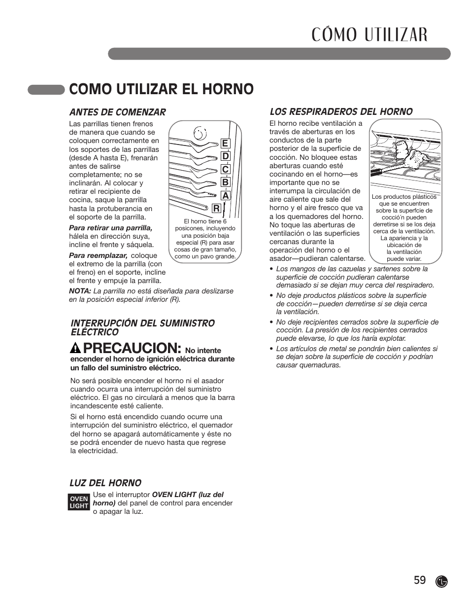 Cómo utilizar, Como utilizar el horno, Precaucion | LG LRG30855ST User Manual | Page 59 / 142