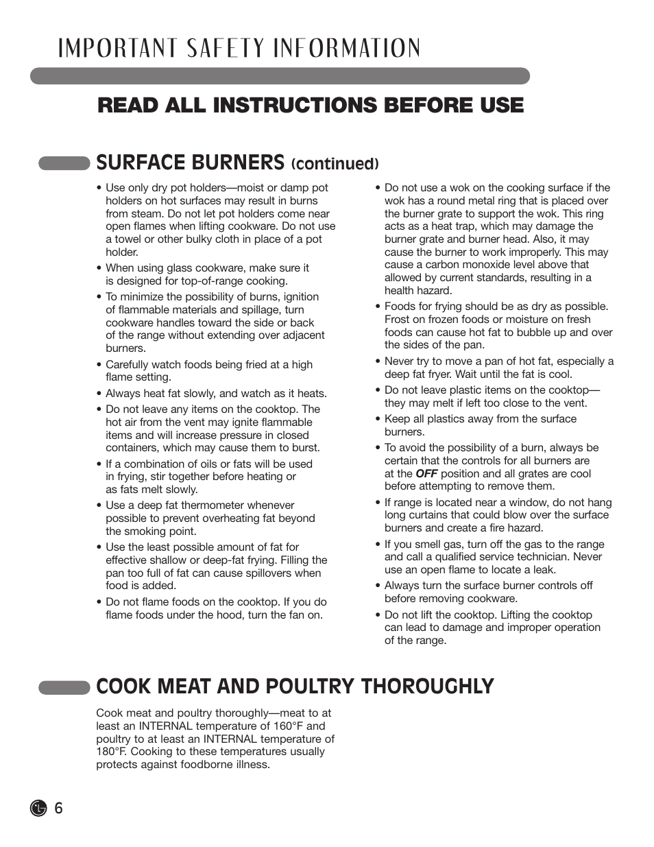 Read all instructions before use, Surface burners, Cook meat and poultry thoroughly | LG LRG30855ST User Manual | Page 6 / 142