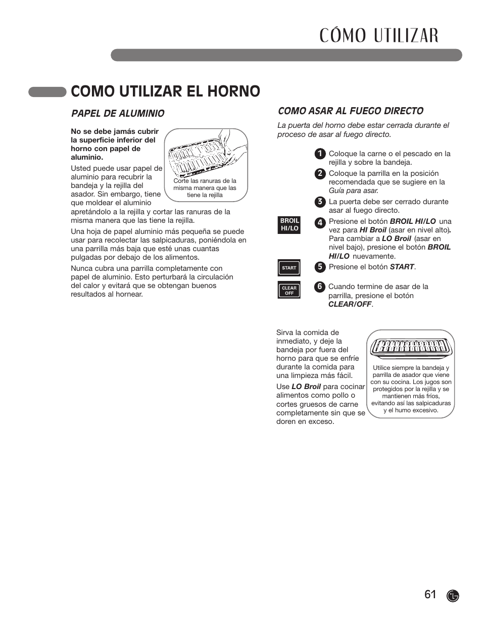 Cómo utilizar, Como utilizar el horno, Como asar al fuego directo | Papel de aluminio | LG LRG30855ST User Manual | Page 61 / 142