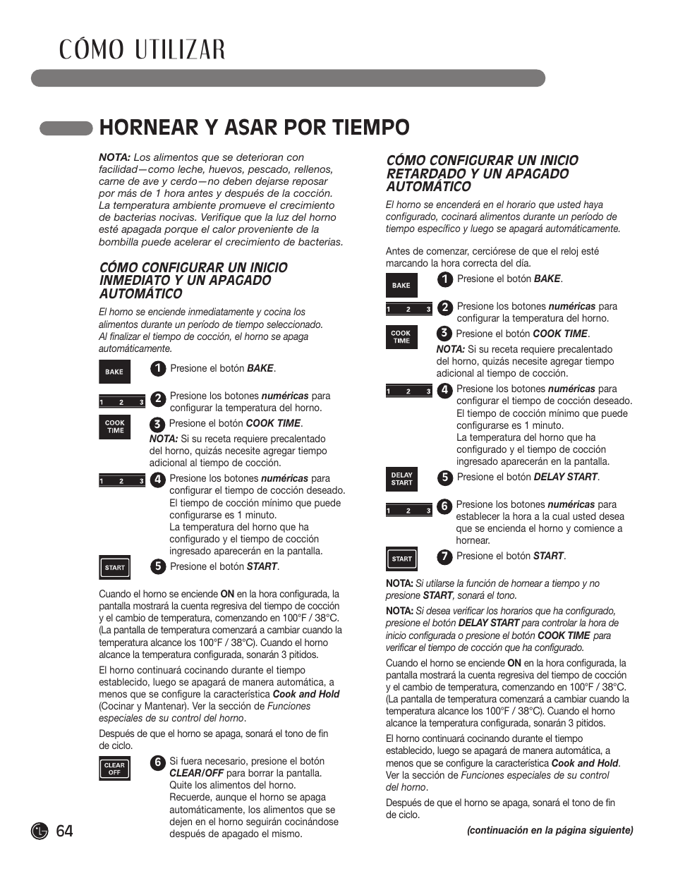 Cómo utilizar, Hornear y asar por tiempo | LG LRG30855ST User Manual | Page 64 / 142