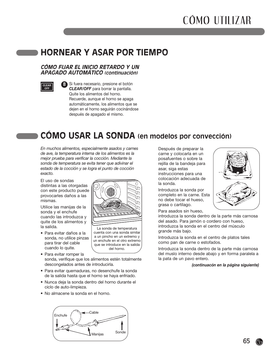 Cómo utilizar, Hornear y asar por tiempo, Cómo usar la sonda | En modelos por convección) | LG LRG30855ST User Manual | Page 65 / 142